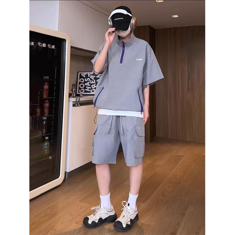 泡泡纱短袖短裤运动套装男生酷帅穿搭情侣夏季休闲ootd穿搭一整套图片