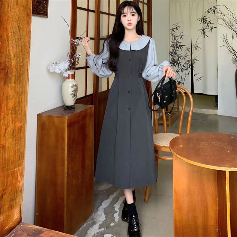 娃娃领衬衫拼接假两件连衣裙女2025春季新款小个子高级感长裙子,女装连衣裙,星宇服饰