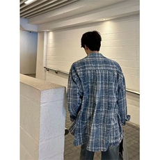 cuibuju小众做旧撞色格子慵懒风长袖衬衫街头时髦百搭衬衣男，男装衬衫，星座506A