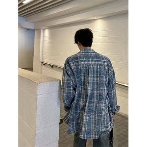 cuibuju 小众做旧撞色格子慵懒风长袖衬衫 街头时髦百搭衬衣男图片