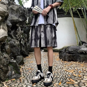 扎染运动套装男夏季潮牌痞帅宽松短袖衬衫沙滩短裤休闲两件套