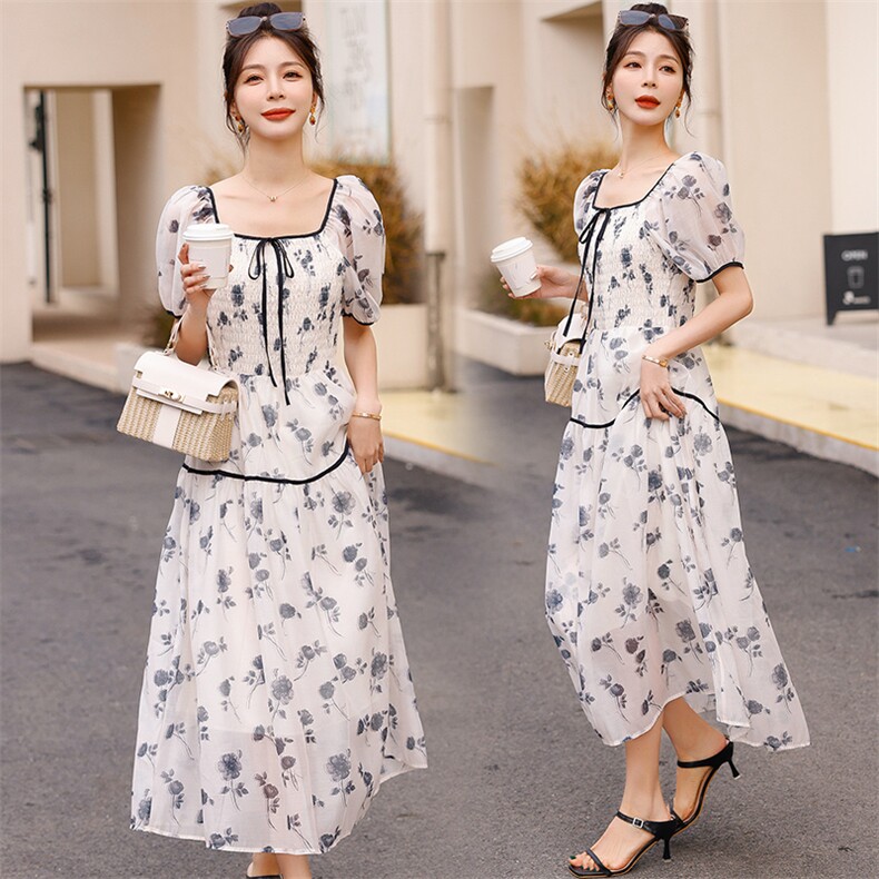优雅蝴蝶结U型领泡泡短袖优雅印花女装长款修身甜美连衣裙，女装连衣裙，微微衣阁