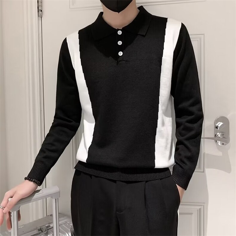 男士翻领毛衣潮流修身打底针织衫新款秋冬季潮牌痞帅撞色线衣S804图片