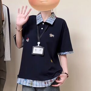 Q381-P34 polo领学院风拼接短袖T恤宽松复古慵懒情侣polo衫夏图片