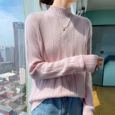 100%纯羊毛衫女半高领加厚立体扭花针织衫毛衣宽松慵懒羊绒衫上衣，女装羊绒衫，昭美羊绒