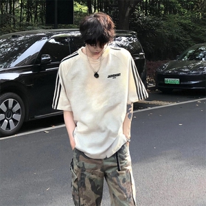 抖音得物高品质二开240克宽松纯棉美式潮牌三条杠织带短袖T恤图片