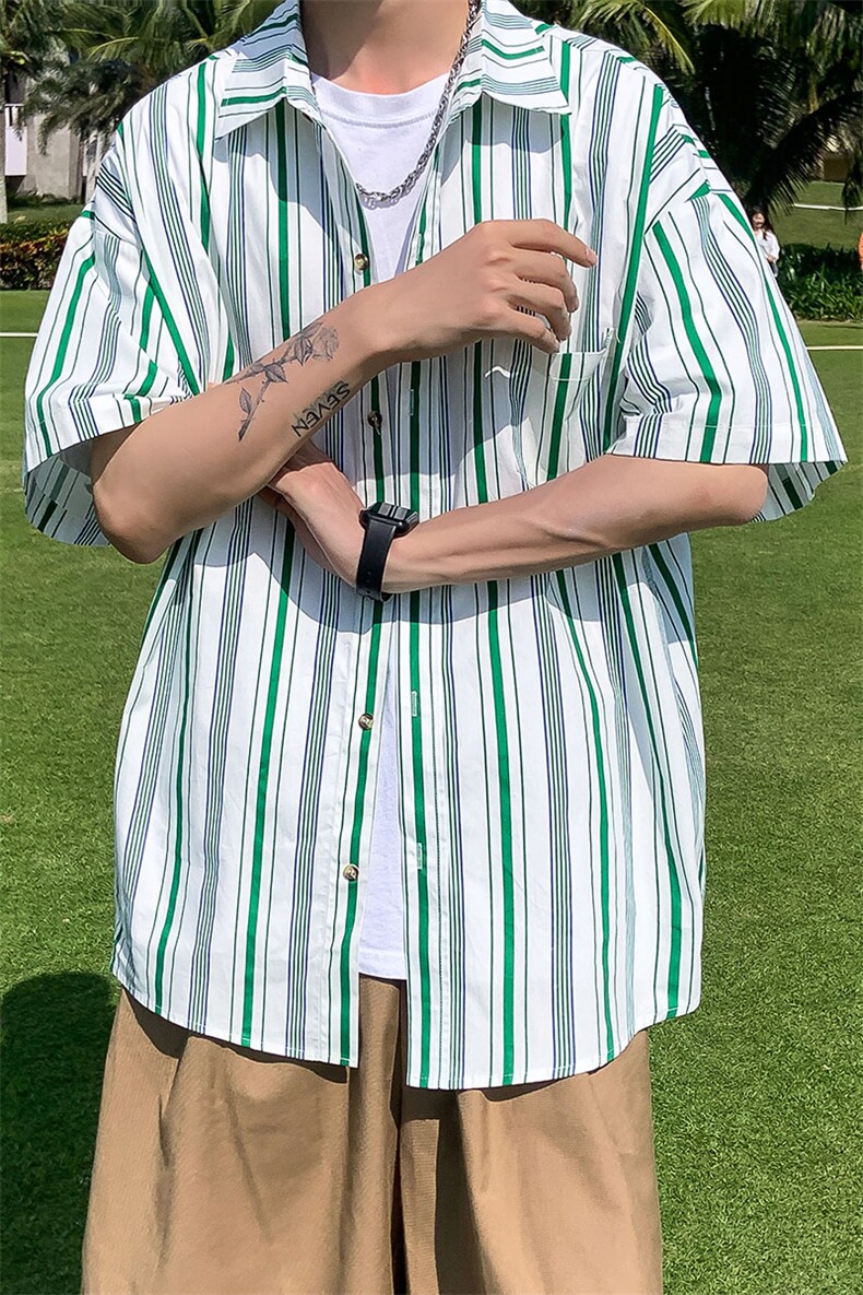 23港风条纹衬衫男士短袖宽松夏季衬衣半袖DX173P4558,男装T恤,电商B413-1