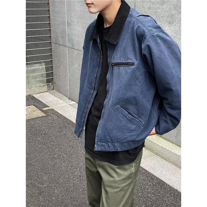 蓝色短款工装外套男秋季牛仔衣美式复古哈灵顿水洗夹克W6644-P73，男装工装外套，星座412-3