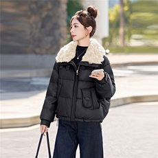 蛋白皮羽绒服女短款2025冬季加厚毛领宽松显瘦pu皮衣短外套百搭女，女装羽绒服，意芙