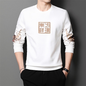 潮刺绣卫衣2023春季新款中青年男装上衣服圆领长袖纯色打底t恤