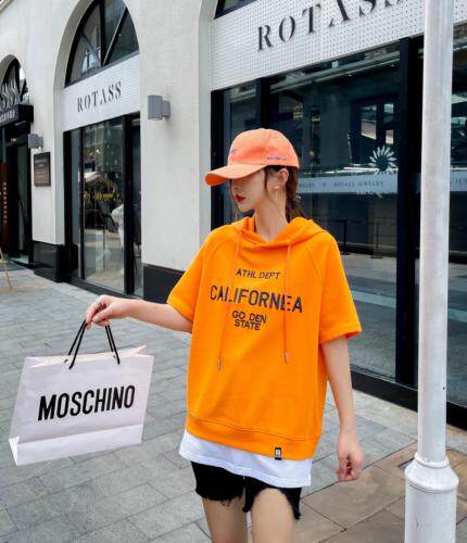 戴帽短袖卫衣，女装卫衣/绒衫，E·贝空间