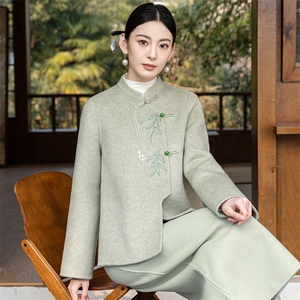 中国风双面羊毛套装女2024春秋新款中式改良旗袍高腰茶服两件套裙图片