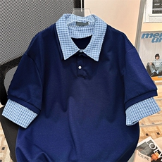 假两件短袖男款夏季潮牌衬衫拼接t恤美式学院风polo衫T555-P40，男装Polo衫，星座308B-1
