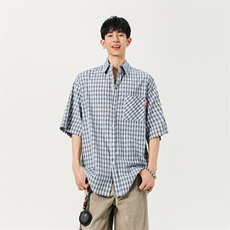 格子短袖衬衫男潮牌痞帅外套宽松百搭衬衣设计感上衣992P45，男装衬衫，星座710