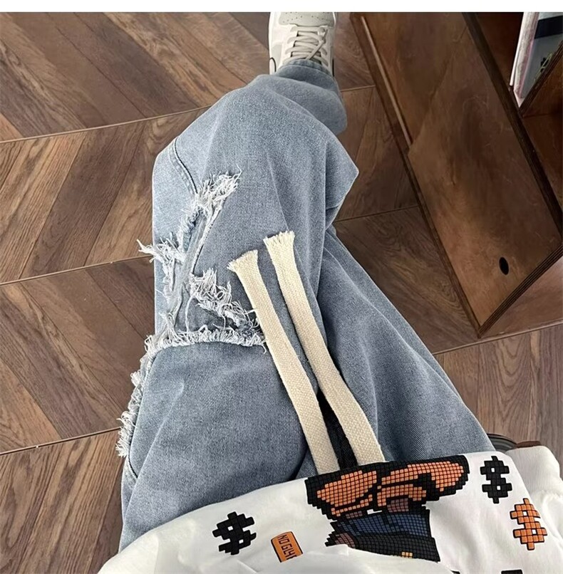 设计感宽松牛仔裤男hiphop百搭五角星直筒裤ins拖地长裤N5513-P45图片