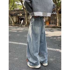 美式高街牛仔裤男女韩版潮流刺绣帅气2025秋冬ins长裤RK3212-P57图片