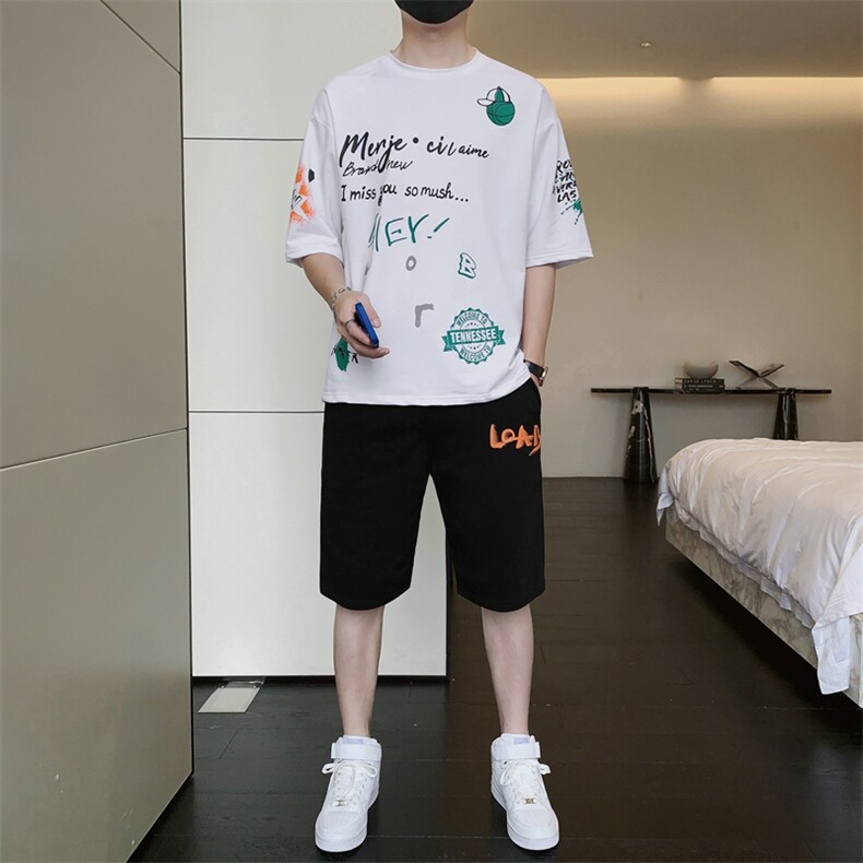 夏季新款短袖t恤男装潮流帅气宽松套装吸汗透气两件套F310P58,男装休闲套装,电商A086