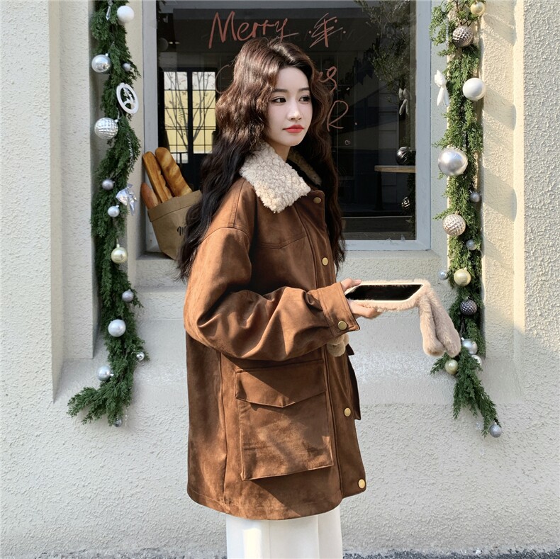 现货！90绒！羊羔毛领拼接麂皮绒羽绒服女外套2C325-5959P275K428图片