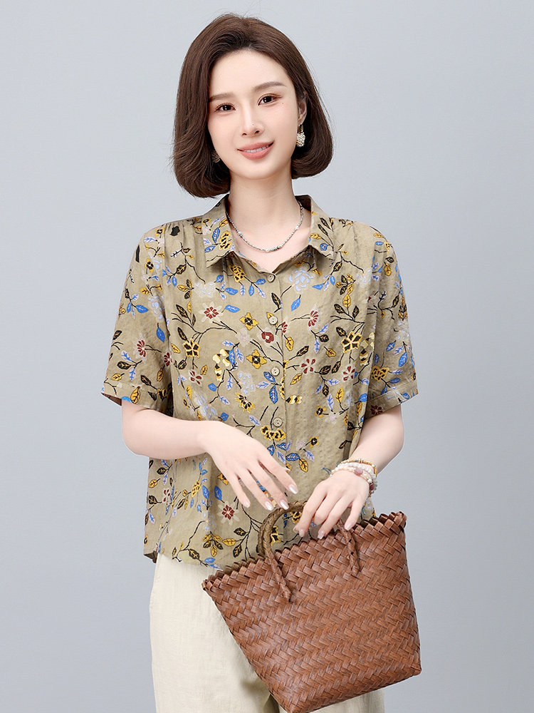 棉麻印花短袖薄款衬衫女2025年夏季新款小个子宽松妈妈遮肚子上衣,女装衬衫,依恋蒂丝