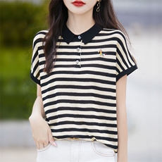 夏季洋气减龄POLO领针织衫短袖T恤女拼色条纹休闲翻领百搭上衣新，女装T恤，暖烁羊绒