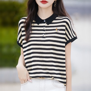 夏季洋气减龄POLO领针织衫短袖T恤女拼色条纹休闲翻领百搭上衣新图片