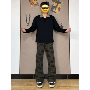 1506-1/KF51201/P47复古迷彩工装牛仔裤男款春秋直筒微喇裤子百搭图片