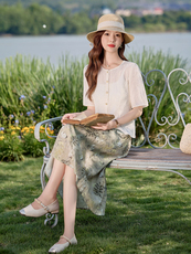 时尚气质显瘦套装裙女2025夏季收腰显瘦短袖衬衫印花半身裙两件套，女装套装/套裙，凝聚力