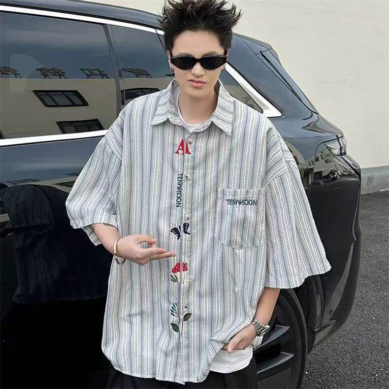 原布条纹刺绣短袖衬衣男春夏季薄款潮牌情侣高级宽松长袖防晒衬衫,男装衬衫,星座613