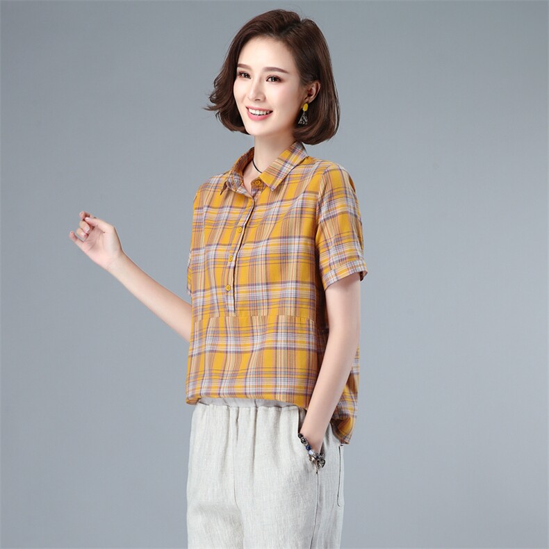 纯棉格子衬衫女2021夏装新款韩版通勤拼接全棉衬衣40-49周岁,女装衬衫,伊满意