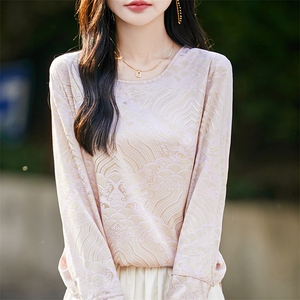 春夏醋酸缎面圆领长袖真丝上衣女国风暗纹提花衬衣高级感宽松打底图片