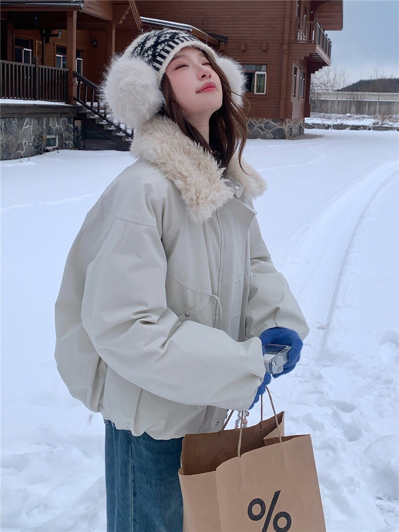 羊羔毛翻领加厚保暖派克服女冬小个子洋气减龄外套,女装派克服,2C225