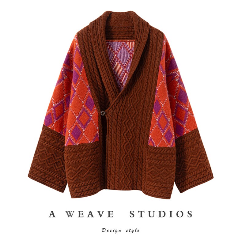 秋冬新款针织重磅菱形格麻花开衫时尚百搭，女装针织衫/毛衣，亿嘉羊绒