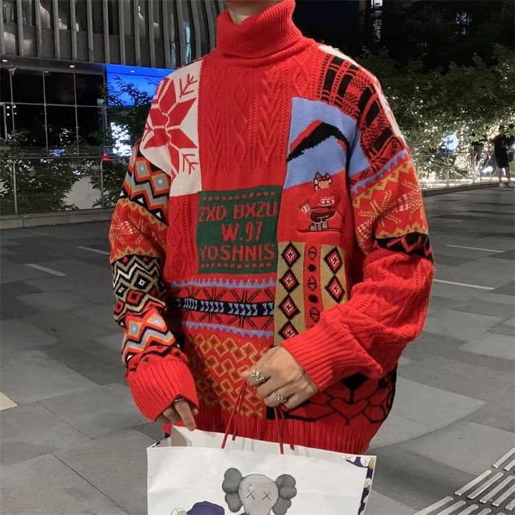 美式ins复古拼色高领毛衣男秋冬季慵懒风宽松小熊情侣针织衫,男装针织衫/毛衣,四季星座218-1