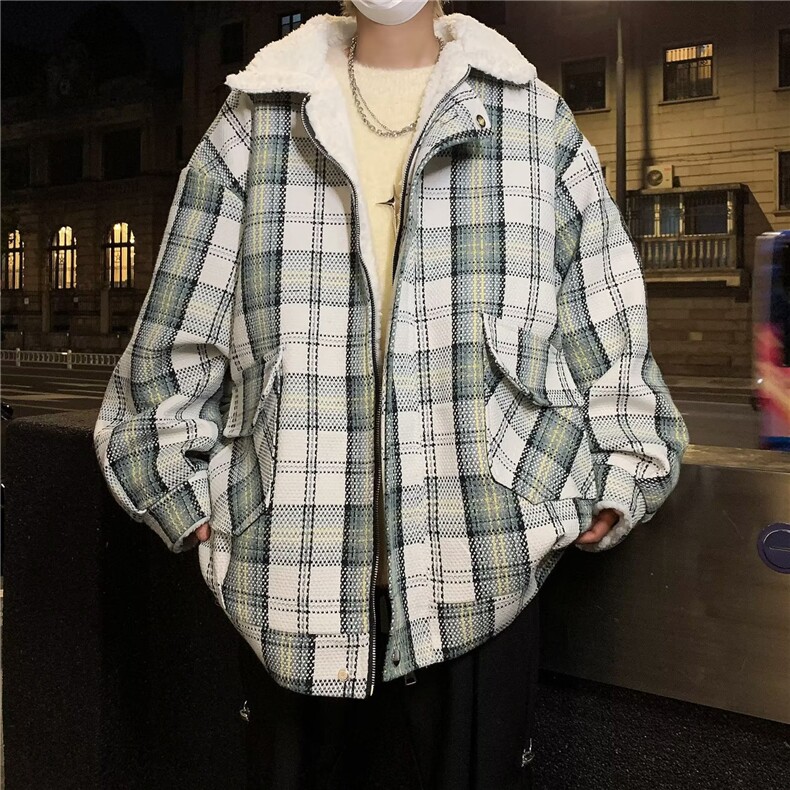 美式复古外套男秋冬羊羔毛棉服加厚小香风宽松格子棉衣M8029/P99,男装棉衣,星座506