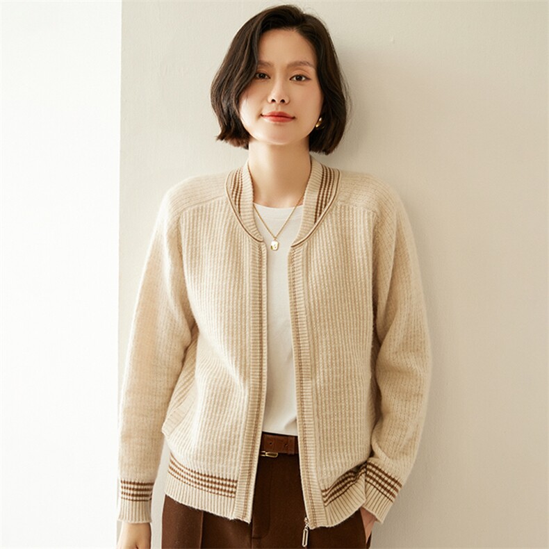 2024冬季拉链羊绒衫女开衫宽松保暖毛衣时尚针织棒球服插肩外套，女装羊绒衫，纳丰羊绒