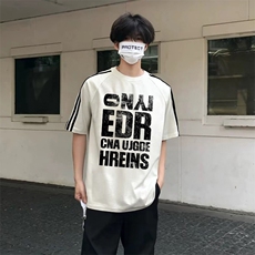 抖音得物高品质二开240克宽松纯棉美式潮牌三条杠织带短袖T恤，男装T恤，电商A486-1