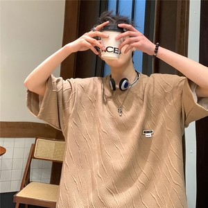 2026夏装圆领短袖潮牌T恤大码青少年五分半袖衫 T8602/P25 咖啡图片