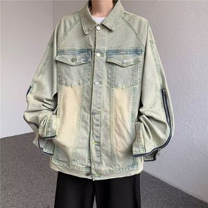 美式高街Vibe黄泥做旧水洗翻领牛仔夹克男FOG拉链外套男 JK8887图片