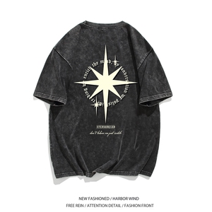 白底图美式复古重磅水洗蜡染短袖T恤男宽松潮牌上衣服EQ277,天冷没有衣服穿搭图片