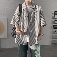 春夏英伦学院风青春男大竖条纹短袖衬衫翻领外套口袋设计短袖P40，男装衬衫，电商B319
