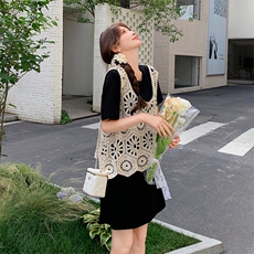 蕾丝勾花镂空叠穿短袖黑色连衣裙女2025夏季新款韩系小个子T恤裙，女装连衣裙，灵力轩