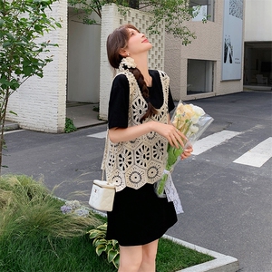 蕾丝勾花镂空叠穿短袖黑色连衣裙女2025夏季新款韩系小个子T恤裙图片