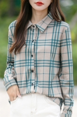 时尚复古格子衬衫女长袖修身显瘦百搭德绒衬衣，女装衬衫，佳绒包芯纱店