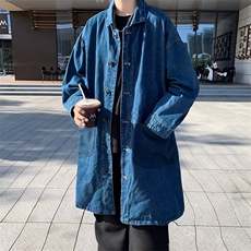 韩版复古翻领牛仔风衣男中长款外套休闲宽松牛仔外套BF08-P75，男装工装外套，星座1001-1