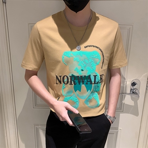 卡其2023精神小伙修身男士圆领印花短袖T恤打底衫潮T1346-P48控68图片
