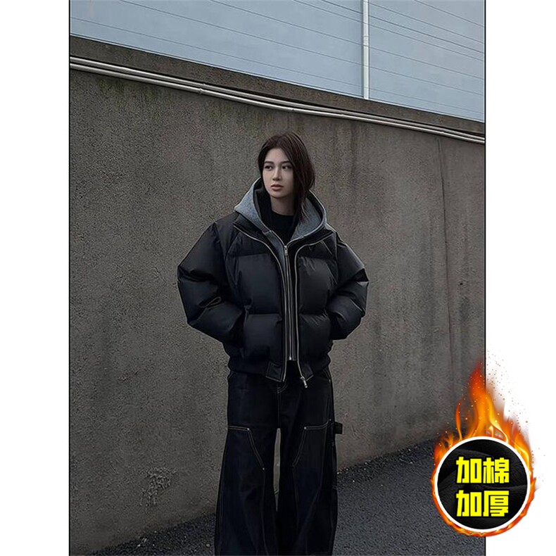现货高品质重磅工艺美式高街假两件PU皮棉衣男女加厚棉服外套,男装棉衣,电商A443
