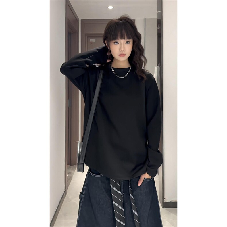 抖音得物高品质美式高街重磅曼巴棉cleanfit螺纹拼接卫衣长袖T恤,男装T恤,电商A486-1
