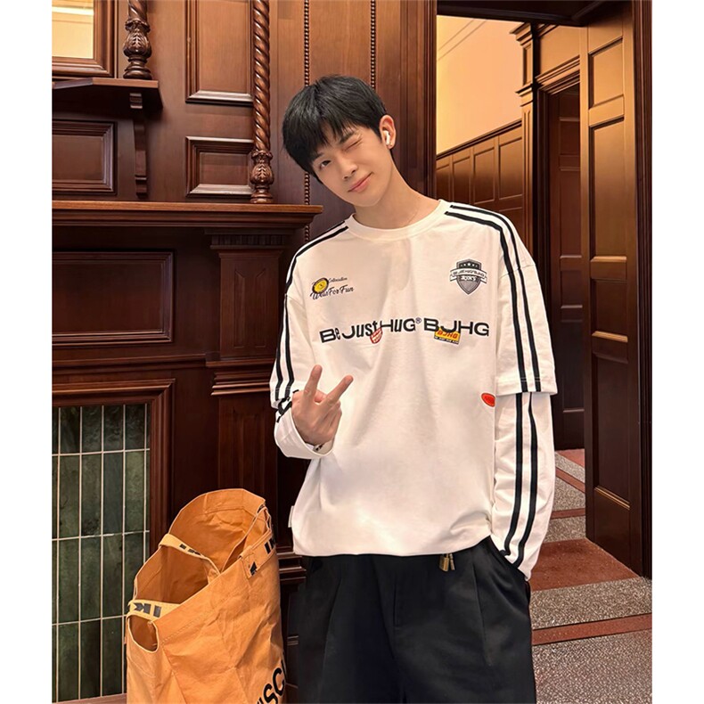 抖音得物式高街重磅结构织带假两件双纱纯棉印花长袖T恤AW10301，男装T恤，电商A443