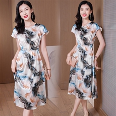 印花重磅真丝连衣裙女中长款2025新款年轻妈妈装系带桑蚕丝A字裙，女装连衣裙，阿舍尔精品