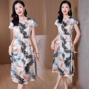 印花重磅真丝连衣裙女中长款2025新款年轻妈妈装系带桑蚕丝A字裙图片